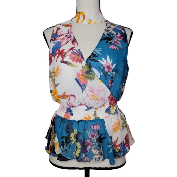 GUESS georgiana floral choker wrap peplum blouse - Picture 3 of 6